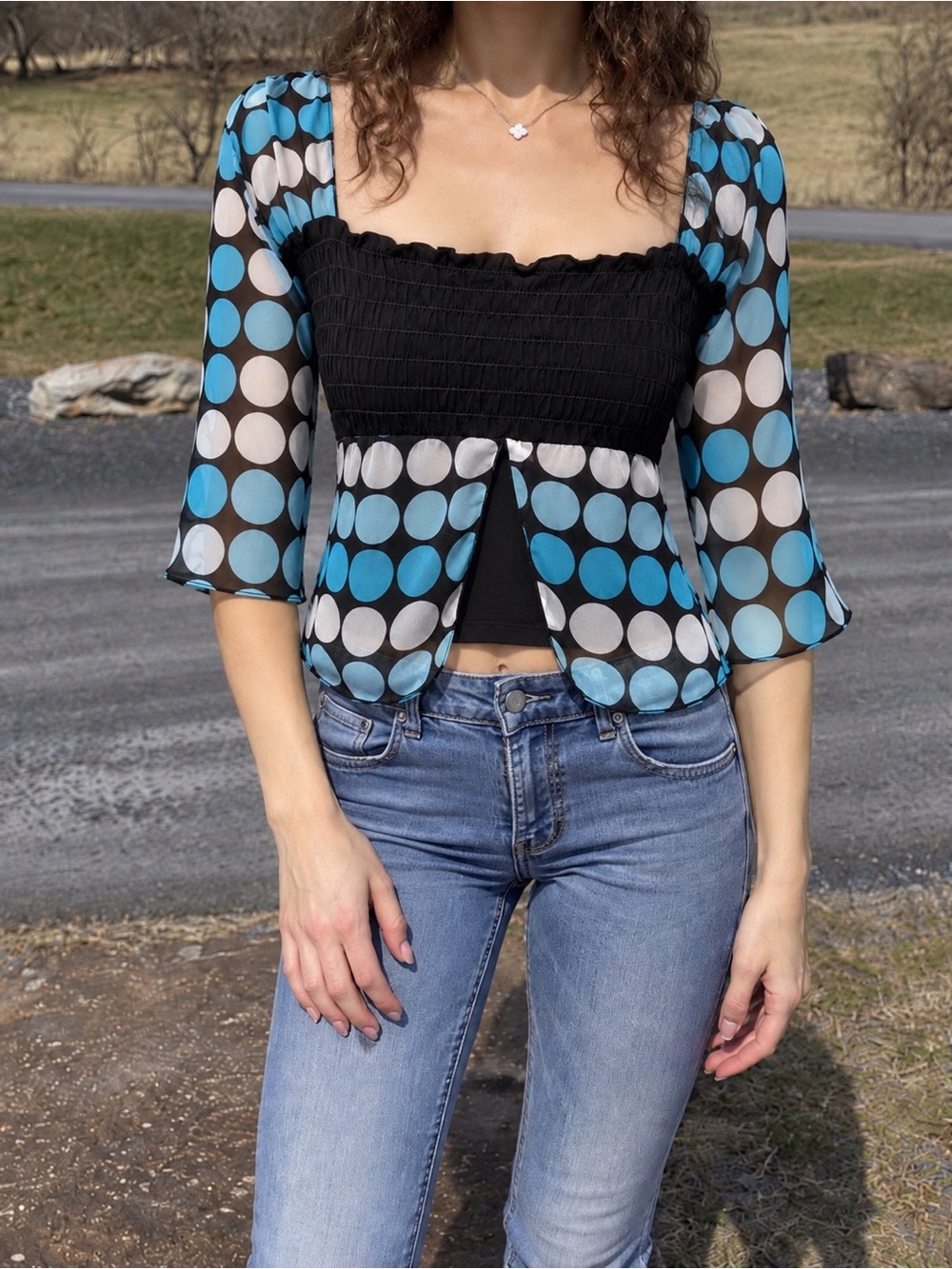 Black & Aqua Polka Dot Smocked Square Neck Top